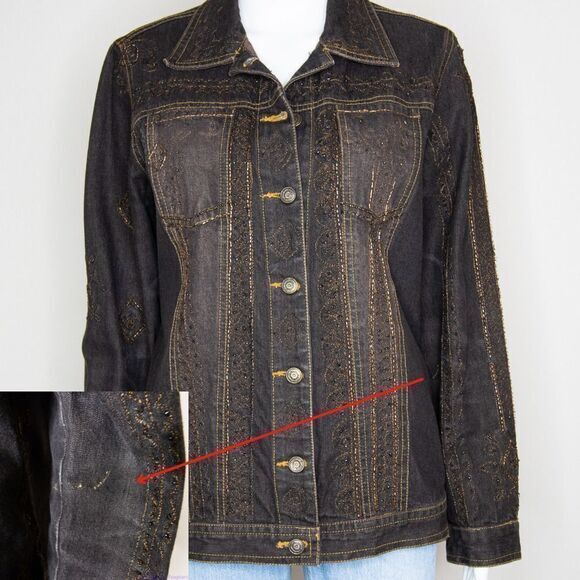 Laura Ashley brown beaded embroidered button up jean jacket, size M - Picture 3 of 16